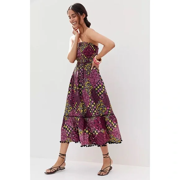 NWT RARE ANTHROPOLOGIE ABSTRACT SMOCKED POMMED MIDI DRESS - Picture 2 of 7